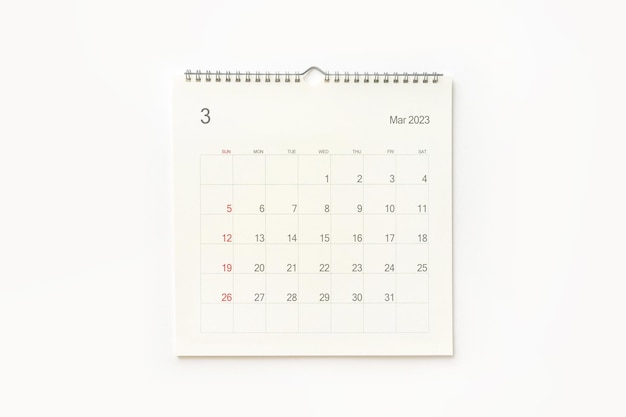 Página de calendario de marzo de 2023 en blanco Fondo de calendario para recordatorio de reunión de planificación de negocios y evento