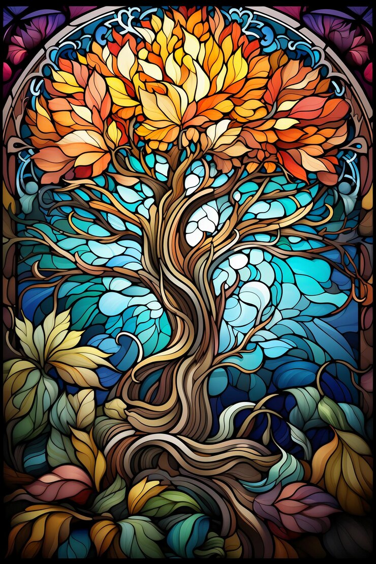 página de colorear para adultos blanco y negro fondo blanco árbol de Navidad vidriera