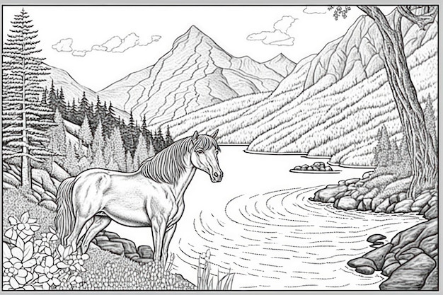 Página para colorear para adultos un caballo junto a las montañas de agua en el fondo