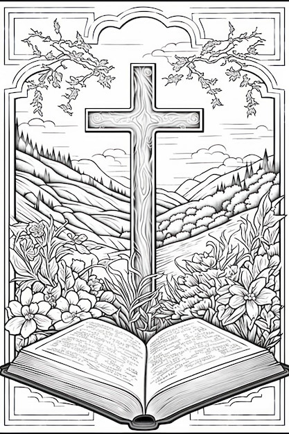 Foto página para colorear para adultos cruz y biblia abierta en escala de grises