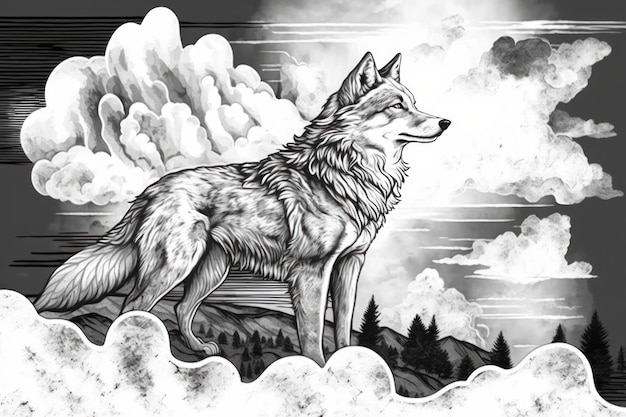 Página para colorear para adultos diseño de lobo en forma de nubes en escala de grises