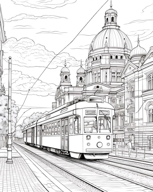 Foto página para colorear para adultos con un tranvía en la ciudad ilustración