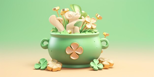 una página de colorear alegre de una olla de elemento de oro para el día de San Patricio suave pastel 3d icono arcilla render