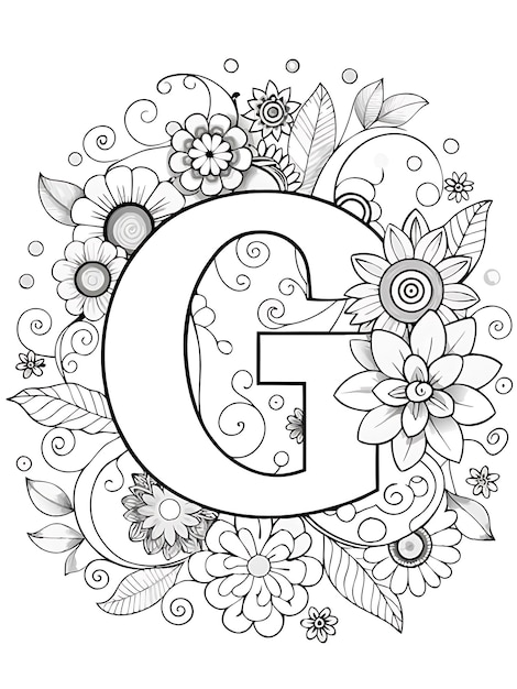 Página para colorear con alfabeto floral con la letra G y flores intrincadas