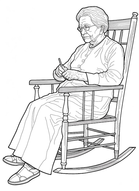 Foto una página para colorear de una anciana sentada en una mecedora ai generativo