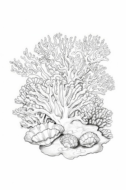 página de colorear de un arrecife de coral en un estilo de arte de línea dibujado a mano para niños