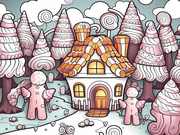 Foto página de colorear arte una casa de pan de jengibre página de colorear con un fondo de bosque caprichoso