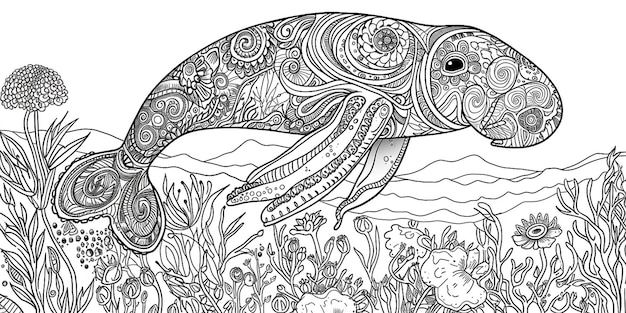 Una página para colorear con una ballena en el océano y plantas