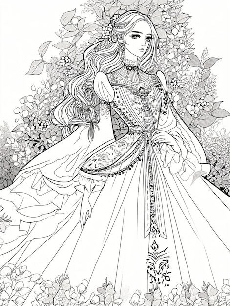 una página para colorear de una bella princesa con un vestido de flores ai generativo