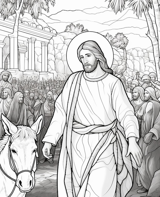 Foto página de colorear en blanco y negro de jesús entrando en jerusalén el domingo de ramos