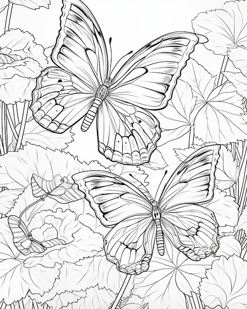 Página para colorear en blanco y negro de mariposas