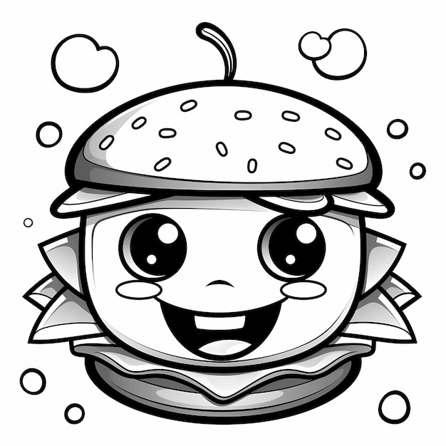 página para colorear en blanco y negro para niños con una linda hamburguesa sonriente