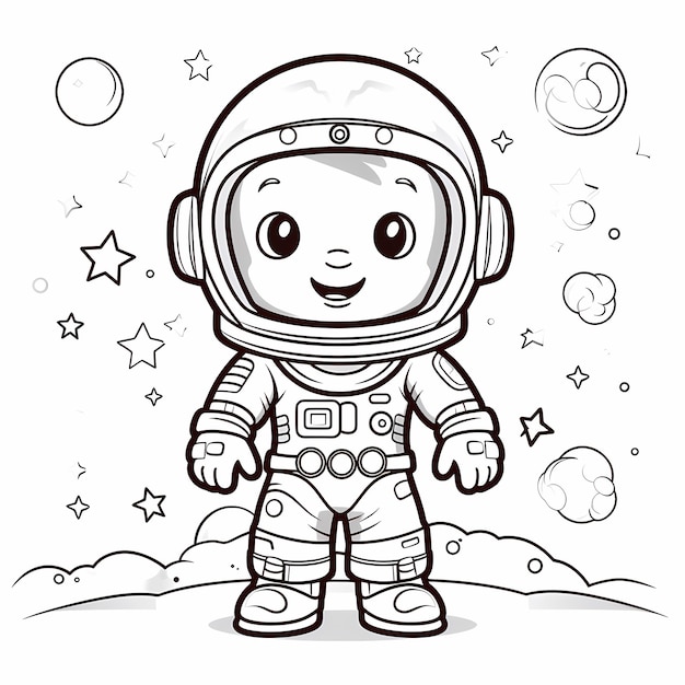 Página de colorear bw lineart estilo kawaii Astronauta en el cohete estilo pixar