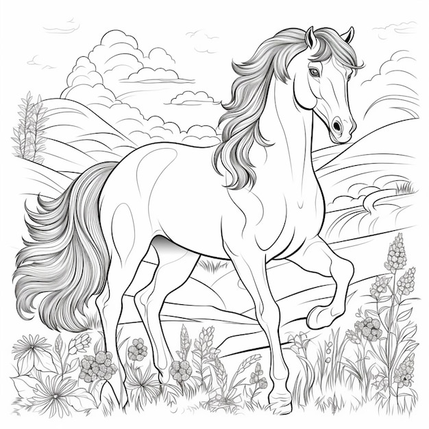 una página para colorear de un caballo corriendo en el campo ai generativo