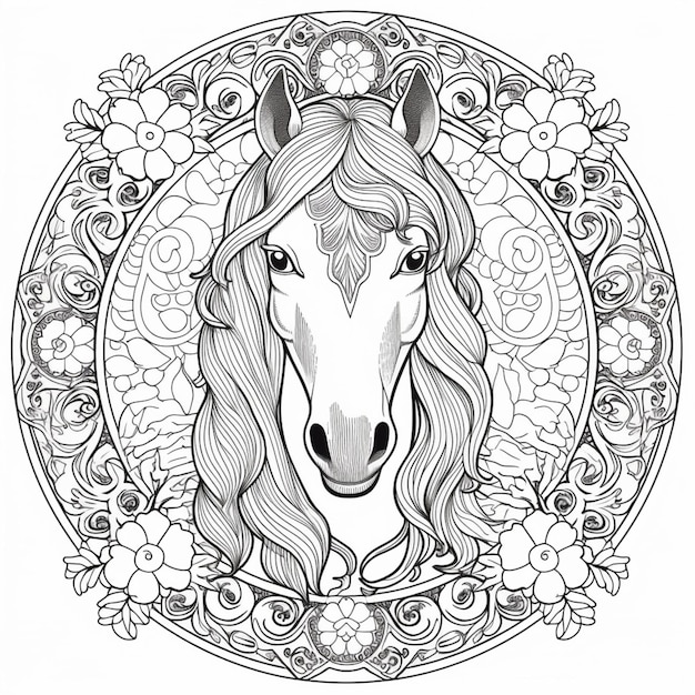 Una página para colorear con un caballo en un marco floral generativo ai