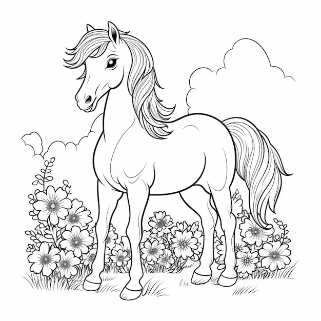 una página para colorear de un caballo parado en un campo de flores ai generativo
