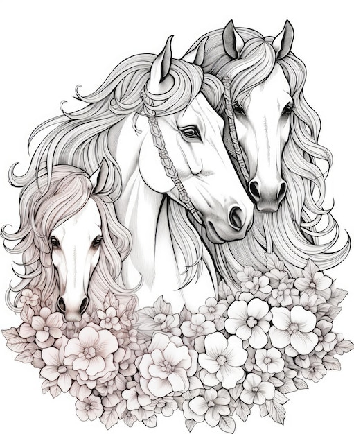 Página para colorear de caballos y flores para el libro de colorear para adultos