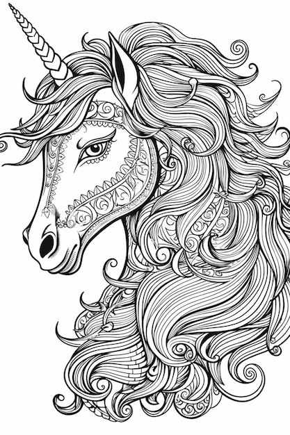 Una página para colorear con una cabeza de unicornio y cabello largo ai generativo