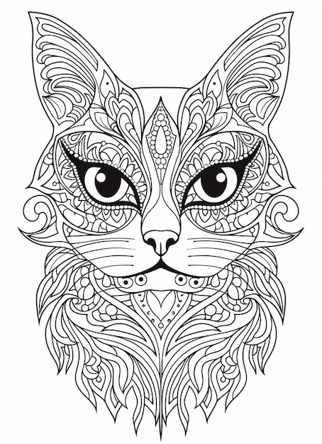 una página para colorear con una cara de gato y un patrón en ella