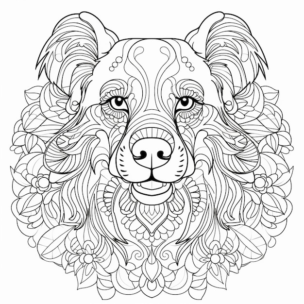 Foto una página para colorear con una cara de perro y flores generativ ai