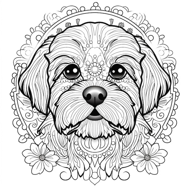 Una página para colorear con una cara de perros y flores generativas ai