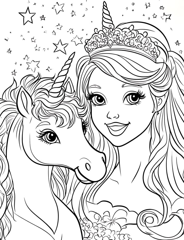 una página para colorear con una chica y un unicornio
