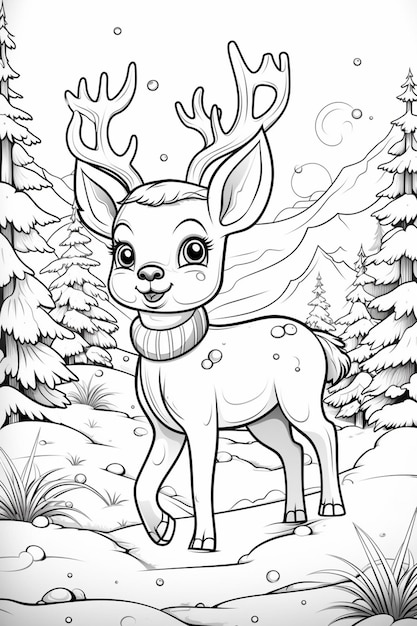 Foto una página para colorear de un ciervo en el bosque con árboles generativos ai