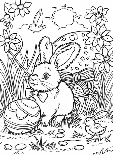 una página para colorear de un conejo con un huevo en la hierba generativa ai