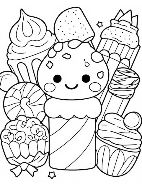 Foto una página para colorear con un cono de helado de dibujos animados y otros dulces generativos ai