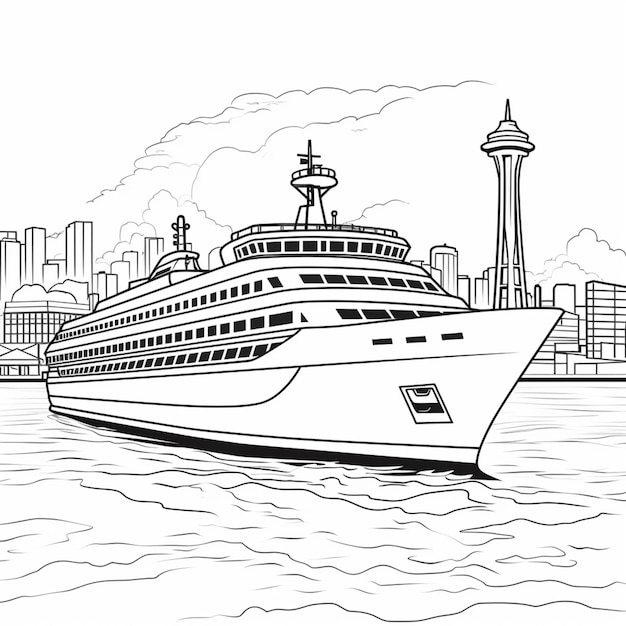 una página para colorear de un crucero en el agua con una ciudad al fondo ai generativo