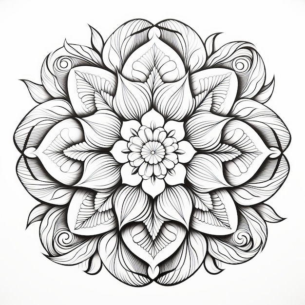 Foto página para colorear detallada de la flor del mandala en blanco y negro