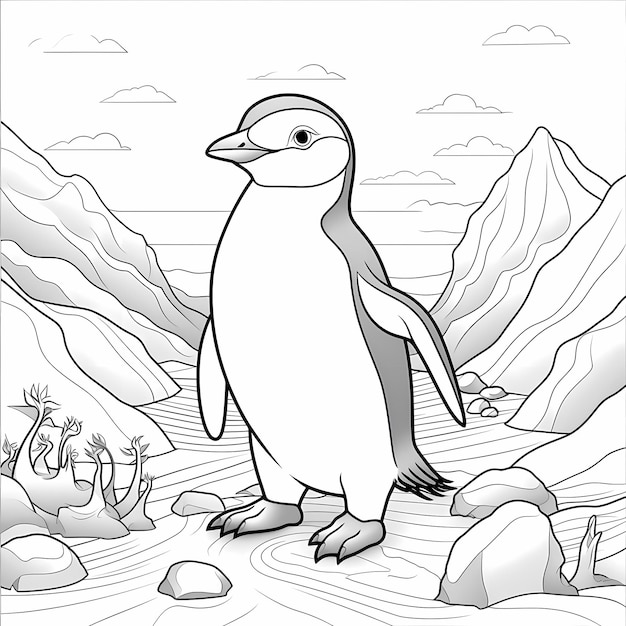 Foto página de colorear dibujos animados divertidos de pingüino simple con líneas gruesas y pocos detalles