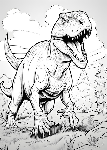 Foto página para colorear dinosaurio arte de línea dinosaurio página de colorear dibujo de esquema de dinosaurio para colorear página para colorear animales página forró dinosaurio libro para colorear ai generativo