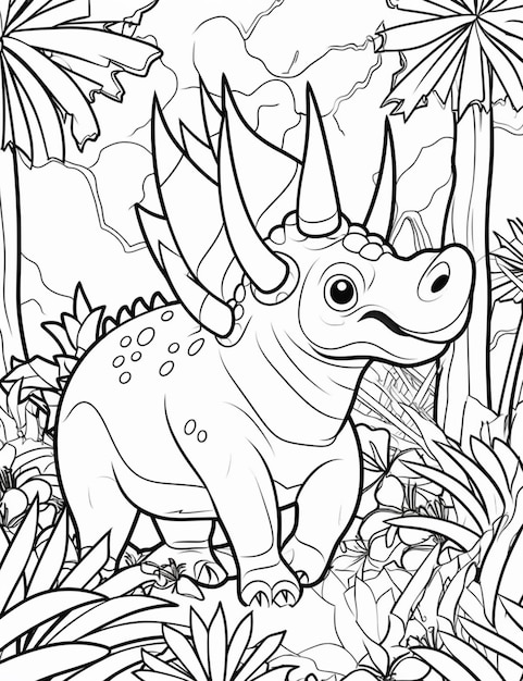 Una página para colorear con un dinosaurio en la jungla generativo ai