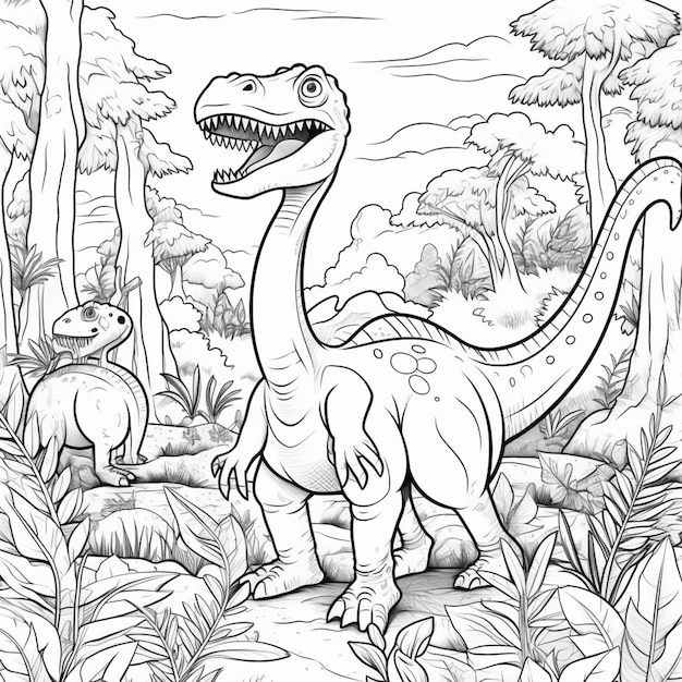 Foto una página para colorear de un dinosaurio en la jungla con otros animales generativo ai