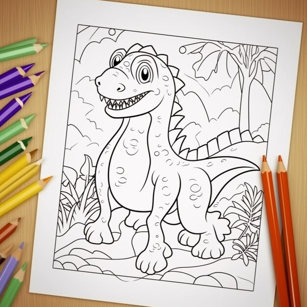 Foto página para colorear con un dinosaurio y lápices de color en una mesa generativa ai