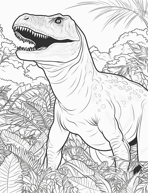 Una página para colorear de un dinosaurio en la selva con una gran boca generativa ai