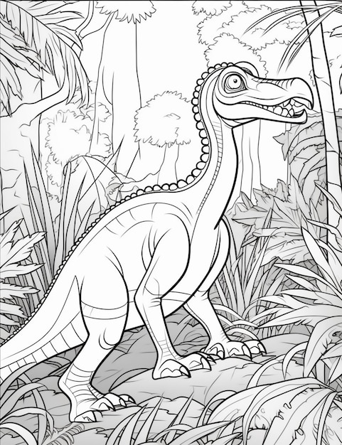 Una página para colorear de un dinosaurio en la selva con plantas generativas ai