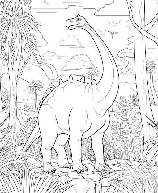 Página para colorear con un dinosaurio en la selva.