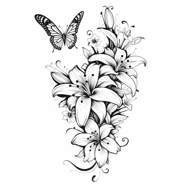 Foto página para colorear de diseño de tatuaje de flores y mariposas de lilly