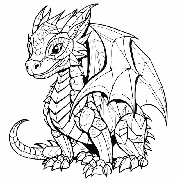 Una página para colorear de un dragón con cabeza de dragón y alas ai generativo