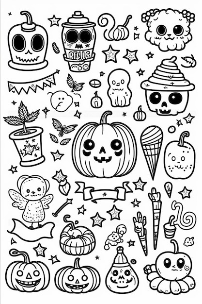 Foto una página para colorear con elementos temáticos de halloween y una calabaza ai generativa