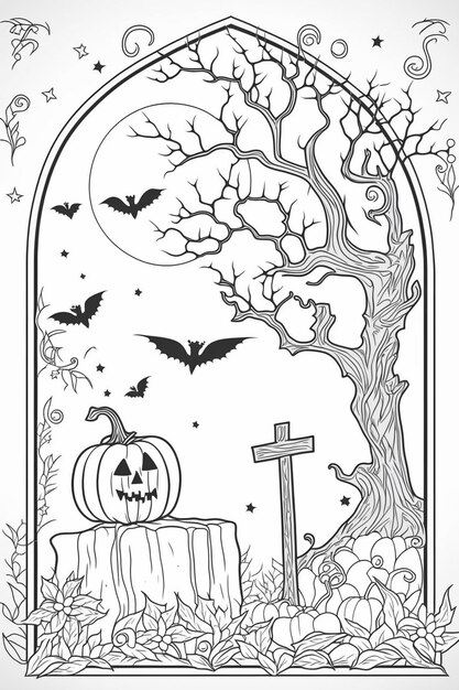 una página para colorear con una escena de halloween y un árbol ai generativo