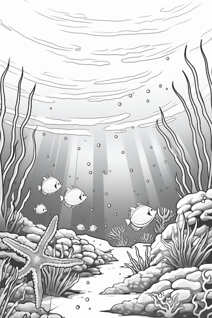 página de colorear de una escena marina con peces y corales generativo ai