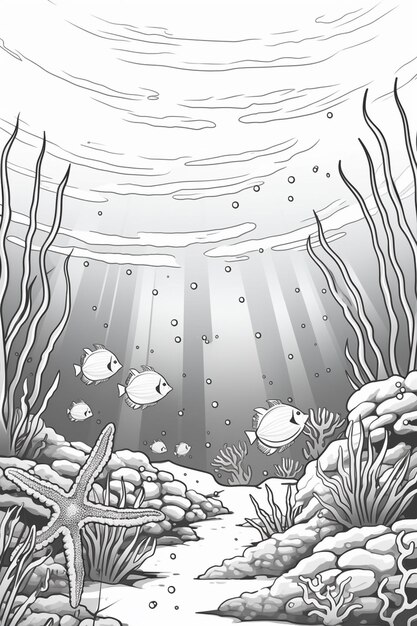 Foto página de colorear de una escena marina con peces y corales generativo ai