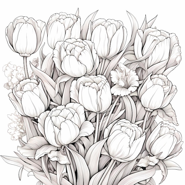 Página de colorear floral de dibujos animados con patrones de tulipanes de línea gruesa de bajo detalle
