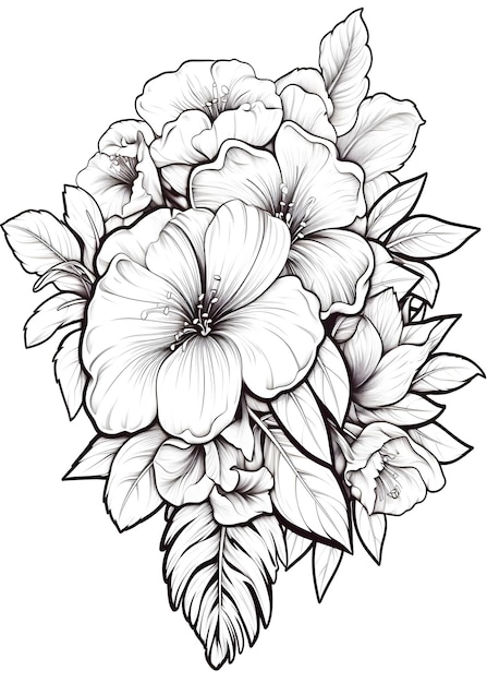 Página para colorear Floral Ramo de flores con hojas Página de colorear dibujado a mano Página a colorear contorno floral Arte de línea floral para página de colorear AI Generativo