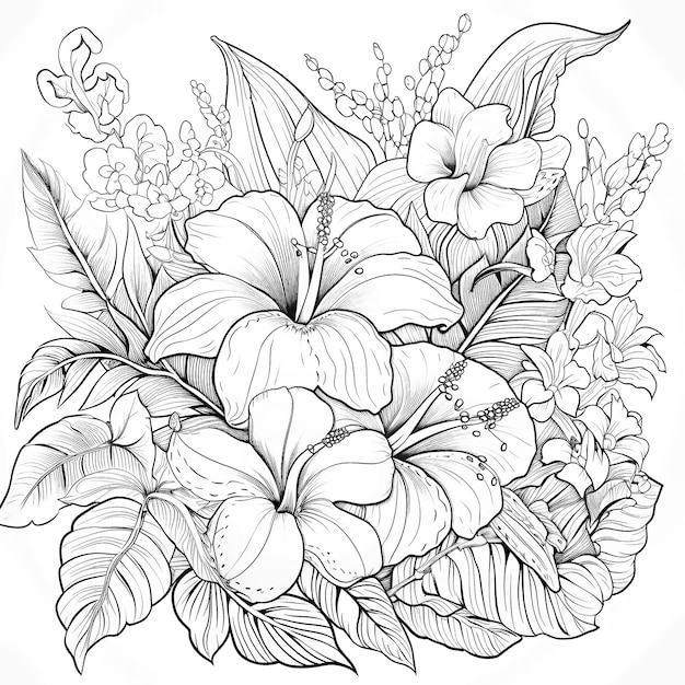 Página para colorear con flores tropicales en estilo monolina en blanco y negro