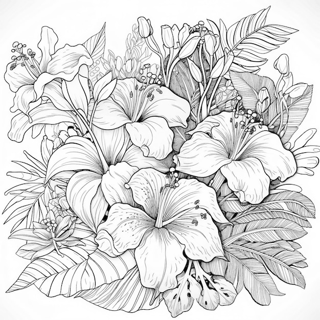 Foto página para colorear con flores tropicales en estilo monolina en blanco y negro