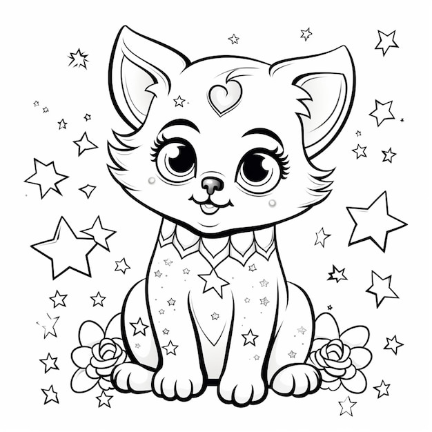 una página para colorear de un gato con estrellas y flores generativo ai